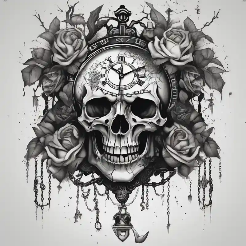 tattoo fool sleeve, tree roots break out of the chains, broken mask, clock with flying numbers, girl, skull, roses drake – Puntillismo, Blanco y negro